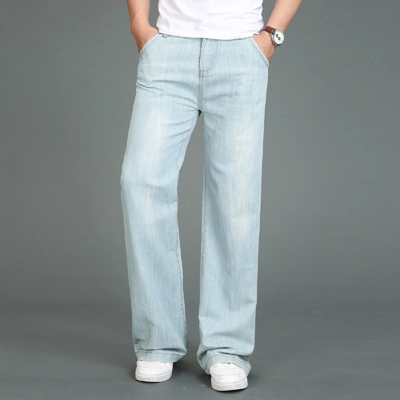 

Джинсы мужские тонкие большого размера, классические брюки с микро-колокольчиком, прямые джинсы светильник Светло-Голубые, большие размеры 28-34, лето 2019