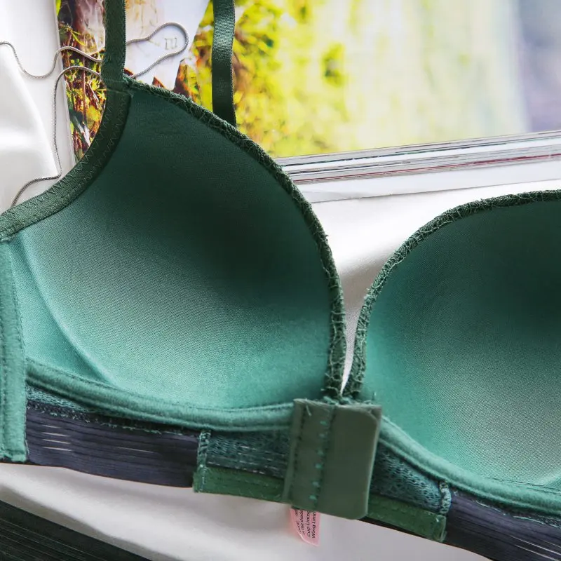 

Women Lace Front Buckle Without Rim Embroidery Gathered Bra + Underwear Set Lady Bra Brief Sets