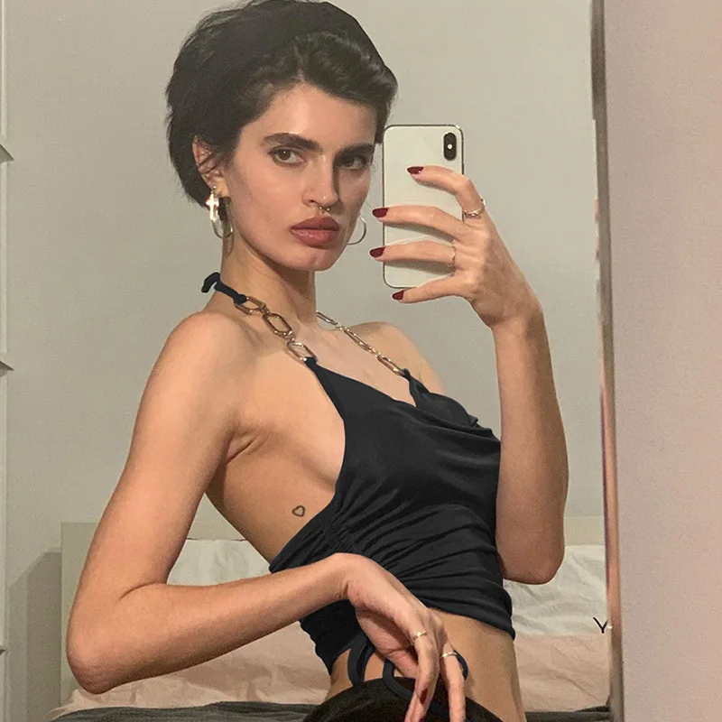 

Y2K Chain Halter Crop Tops Sexy Women E-girl Tank Tops Drawstring Sexy Sleeveless Backless Cami Vest Summer Fashion Streetwear