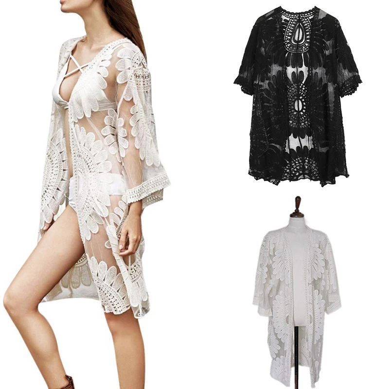 

Summer Women Lace Embroidered Casual Long Sleeve Loose Sun Protection Beach Tops