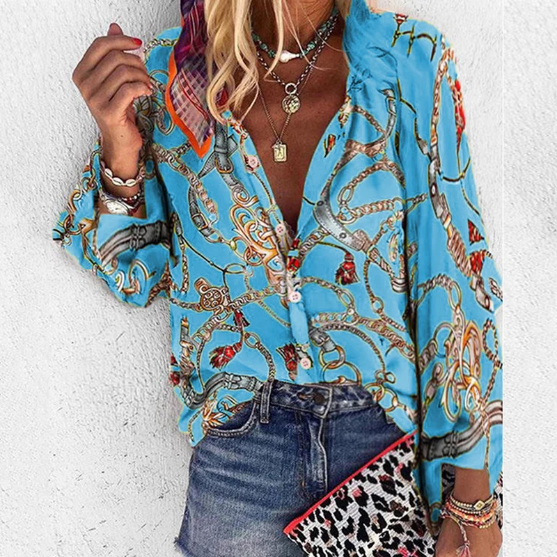 

2021 New Design Women Blouse V-neck Long Sleeve Chains Print Loose Casual Shirts Womens Tops And Blouses
