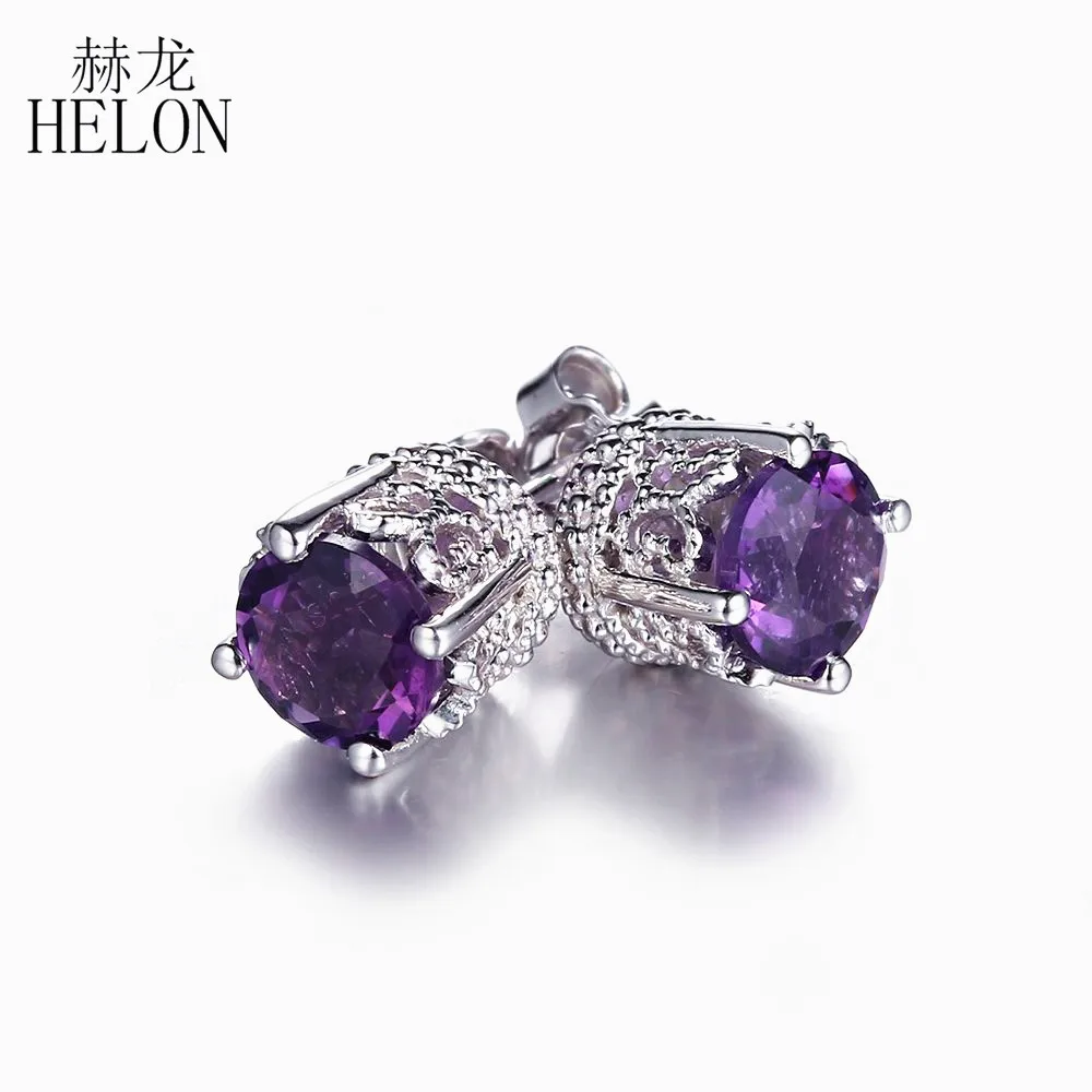 HELON Solid 10K белое золото 1.6ct настоящие натуральные серьги с аметистом для свадебное кольцо для женщин арт-деко романтические драгоценности