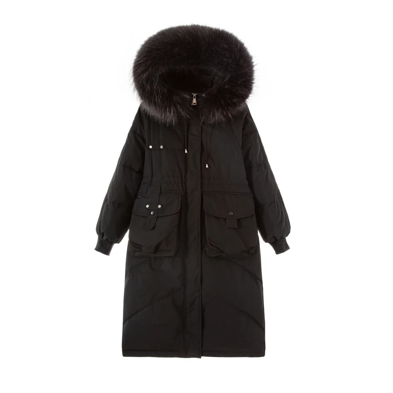 Janveny Winter Down Jacket Women Large Natural Raccoon Fur Collar Hooded Thick White Duck Coat Long Female Feather Parkas | Женская