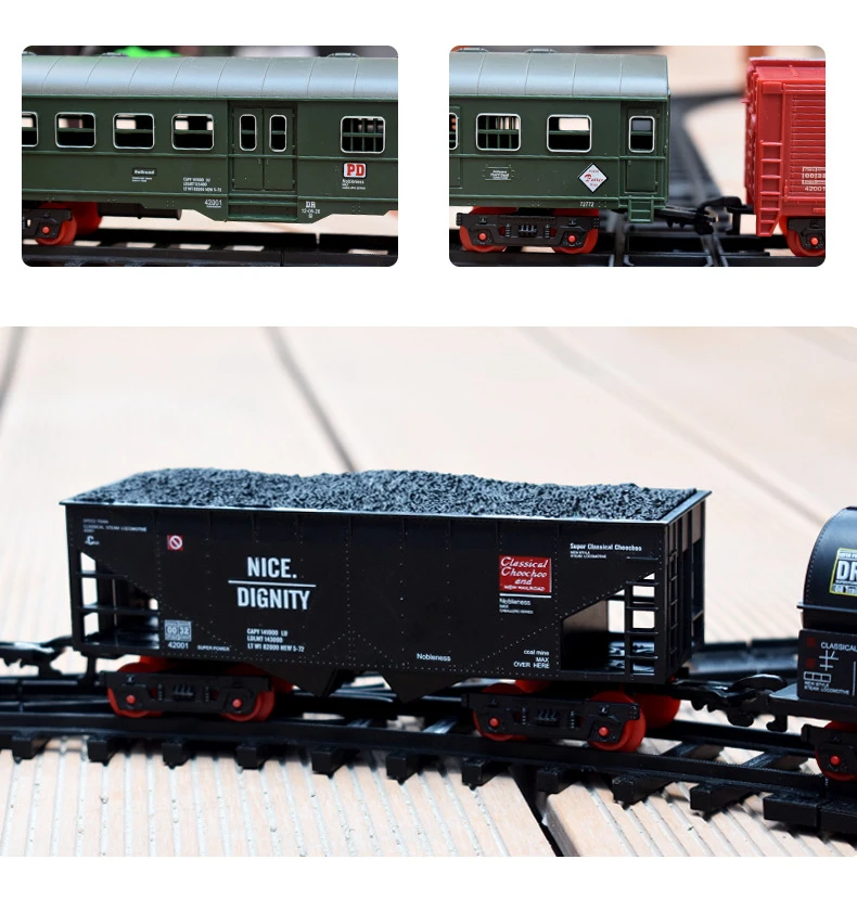 Conjunto de tren de carga cl&aacute;sico para pasajeros, locomotora de vapor de agua, con simulaci&oacute;n de humo, juguete de Tren El&eacute;ctrico-4