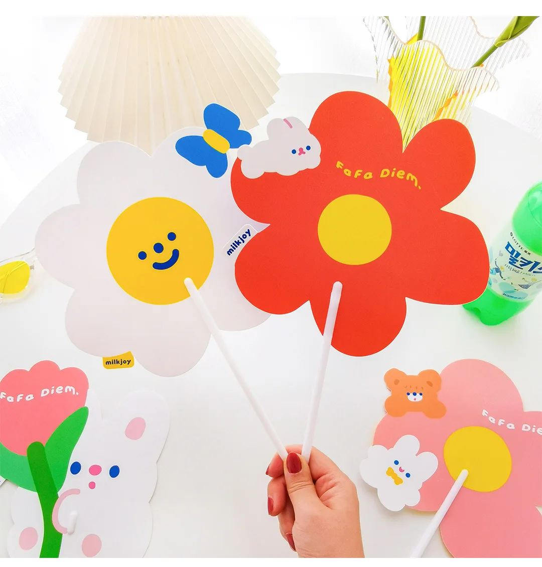 

Double Side Cartoon Print PVC Fan Korean INS Wind Girls Lovely Bear Rabbit Flowers long handle Korean Stationery Party Favors