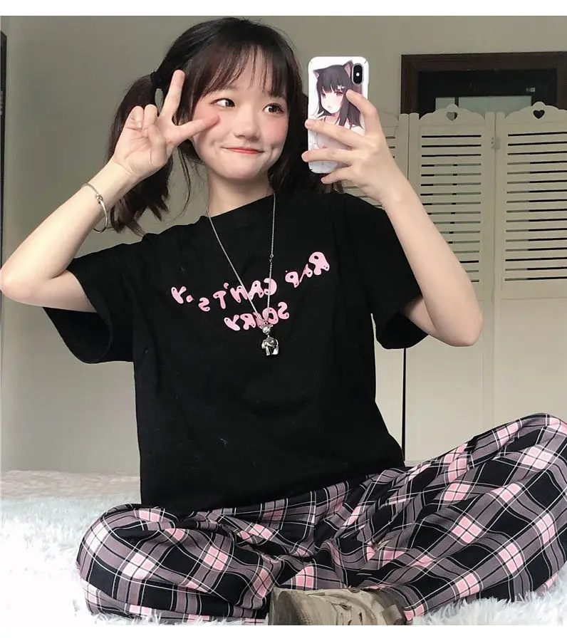 Black and pink Plaid pants Oversize New Women Casual Loose Wide Leg Trousers Ins Retro Teens Straight Hiphop Streetwear | Женская одежда