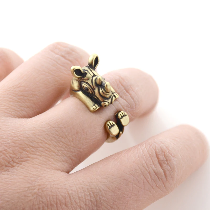 Винтаж Boho латунный сустав носорога Обёрточная Бумага кольцо с животным хиппи