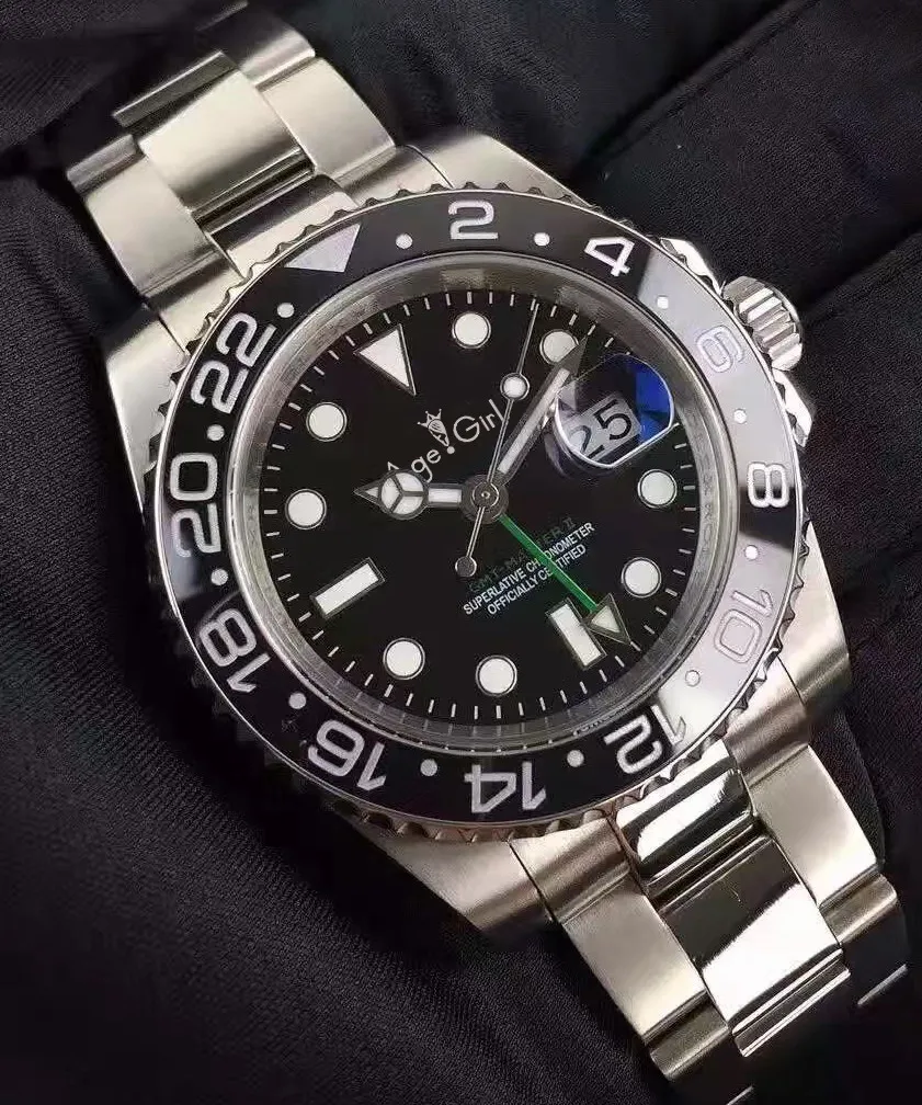 Black Bezel Роскошные брендовые Новые Мужские автоматические механические часы красный черный синий керамический ободок GMT из нержавеющей стали сапфировые серебристые золотые светящиеся - Цвет: Black Bezel