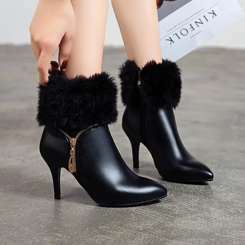 KALENMOS/женские ботинки размера плюс 33-46 вечерние на меху тонком каблуке с острым