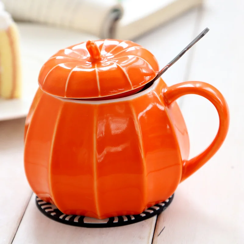 

Halloween Pumpkin Mug Celadon Mug Ceramic Mug with Lid Handle Spoon Coffee Cup Milk Mug Cute Mugs Not Inverted Halloween Gifts
