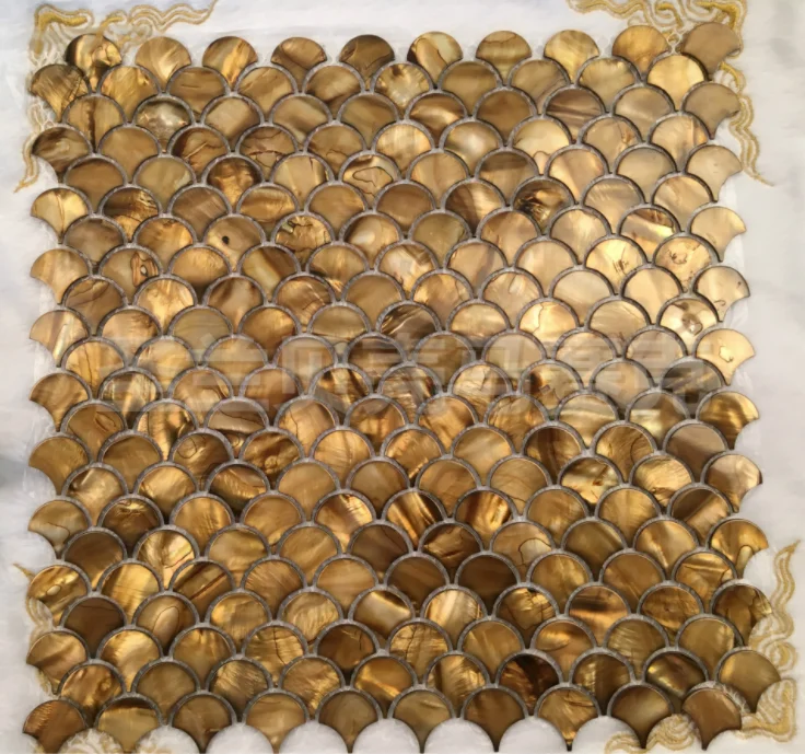 

55 PCS 2mm Thickness Dying Brown Gold Fish Scale Mother Of Pearl Shell Mosaic Kitchen Backsplash Tile MOPSL073