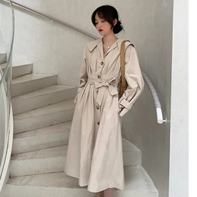 Новая мода весна осень женский простой плащ лацкан длинный рукав ремень