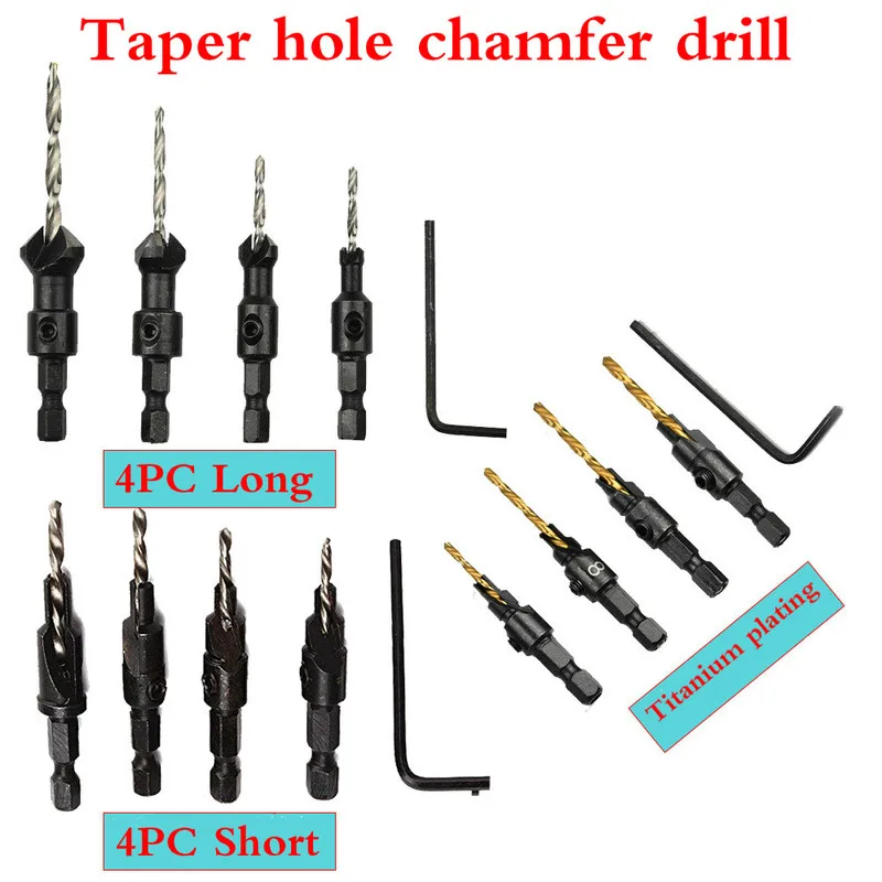 

4PCS Cone-hole Inverted Angle Drill 1/4" Hexagonal Shank Hole Drill Sinking Countersink Drill Bit Woodworking Hole Opener