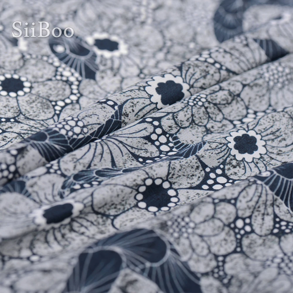 Винтажная синяя ткань с цветочным принтом из 100% шелка крепдешина для платья