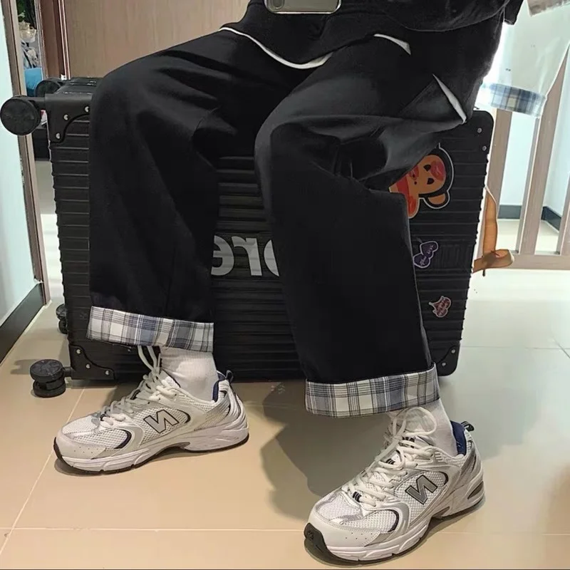 Houzhou – women's plaid pants loose Korean fashion white oversized Harajuku street wear wide legs black casual beige | Женская