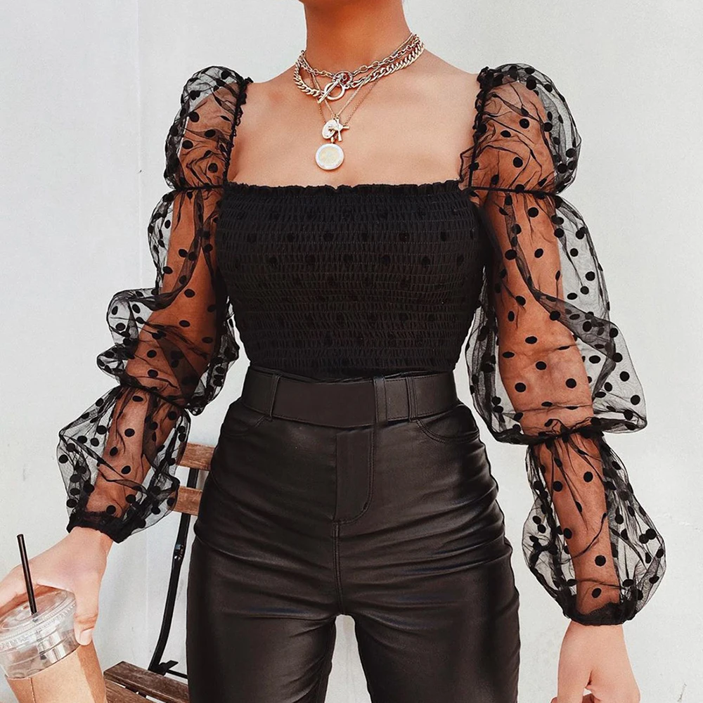 

Women Mesh Sheer Blouse Chiffon See-through Long Sleeve Top Shirt Blouse Fashion Organza Transparent White Shirt Female Blusas