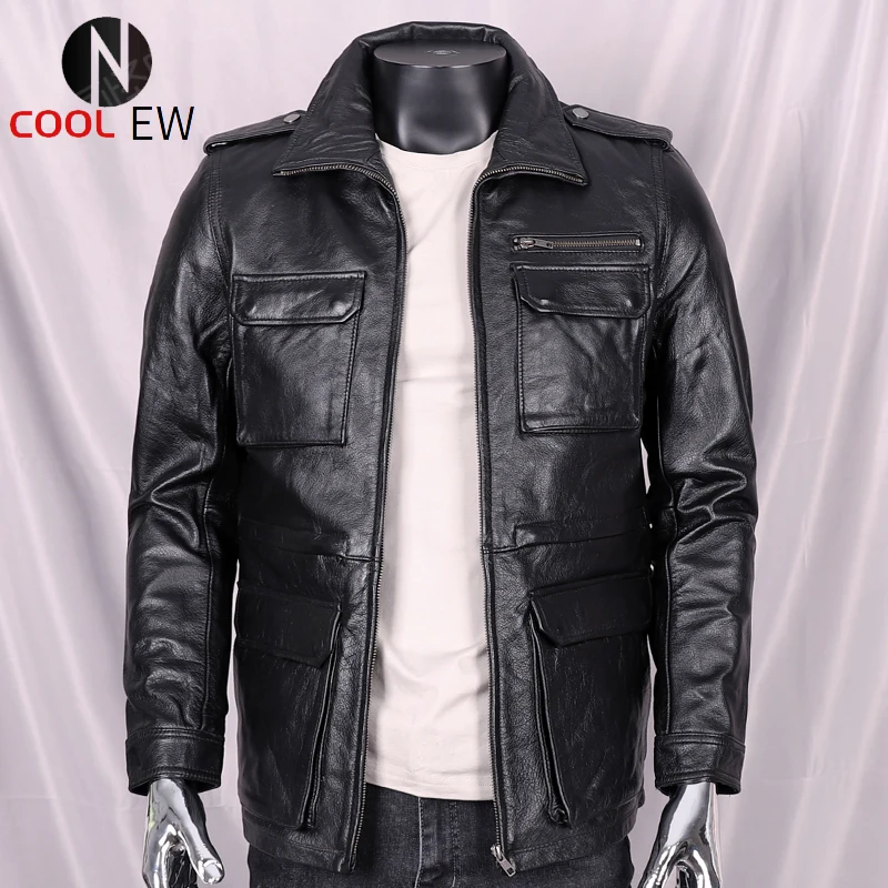 

Мужская черная кожаная куртка, облегающее пальто из натуральной воловьей кожи в стиле сафари, модель M65 на осень, 2021