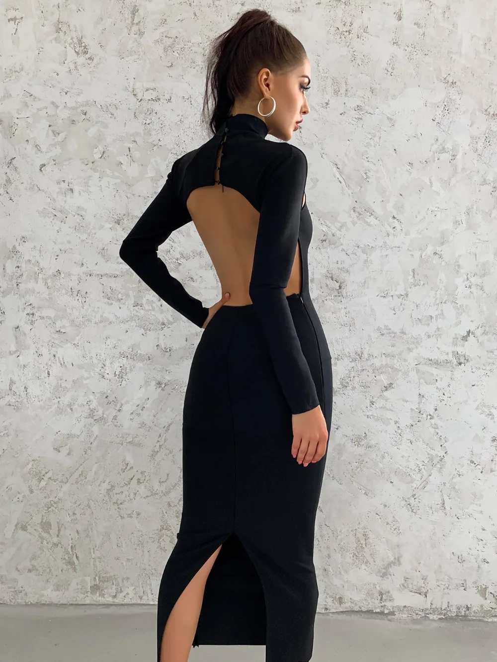

2020 New Women Black Tureleneck Long Sleeve Mid Calf Backless Vestidos Celebrity Evening Party Bandage Fashion Dress Wholesale