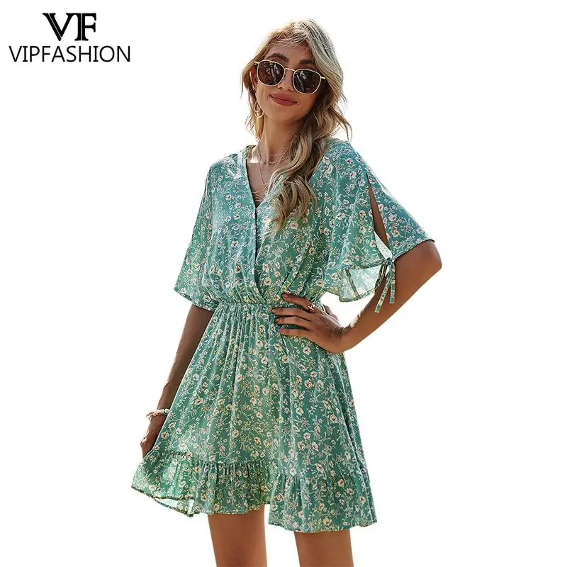 

VIP FASHION Summer Floral Dress 2021 Sexy V-neck Bat Sleeve Casual Elegant Green Drerss Travel Beach Party Women Clothing