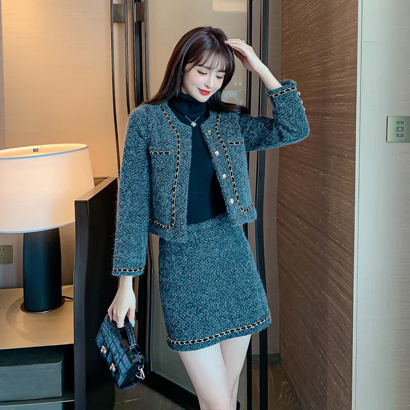 

Women High Quality Small Fragrant Autumn Winter Slim Tweed Wollen Jacket + Mini Skirt Female Two-Piece Suits