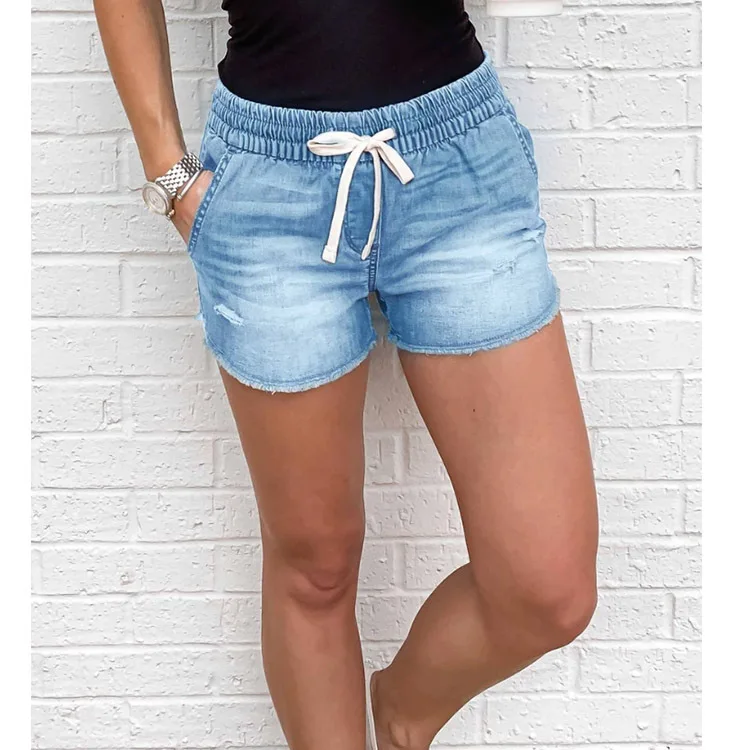 

WEPBEL Denim Shorts Women's Casual Solid Color Ripped Shorts Summer Lace-up Mid Waist Pocket Loose Straight Denim Shorts