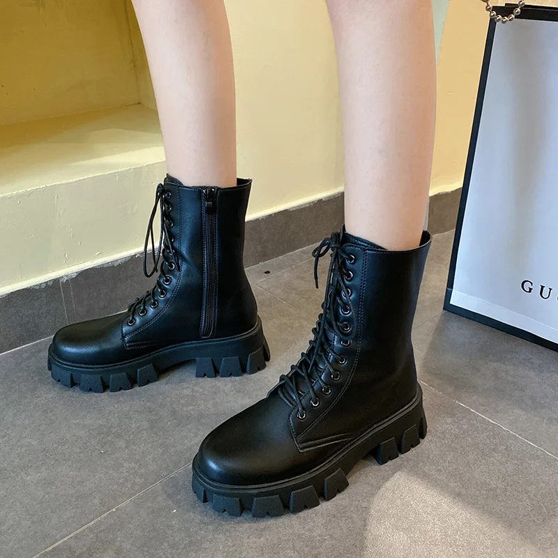 

Short Boots Women's Autumn and Winter 2021 New Round Head Thick-soled Lace-up Casual Women's Leather Boots Fashion Martin Boots