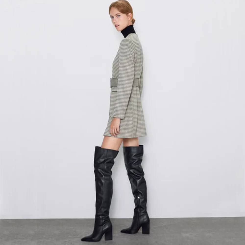 ZA 2019 Осень Зима Новое серое платье с твидовым узором Европейская американская