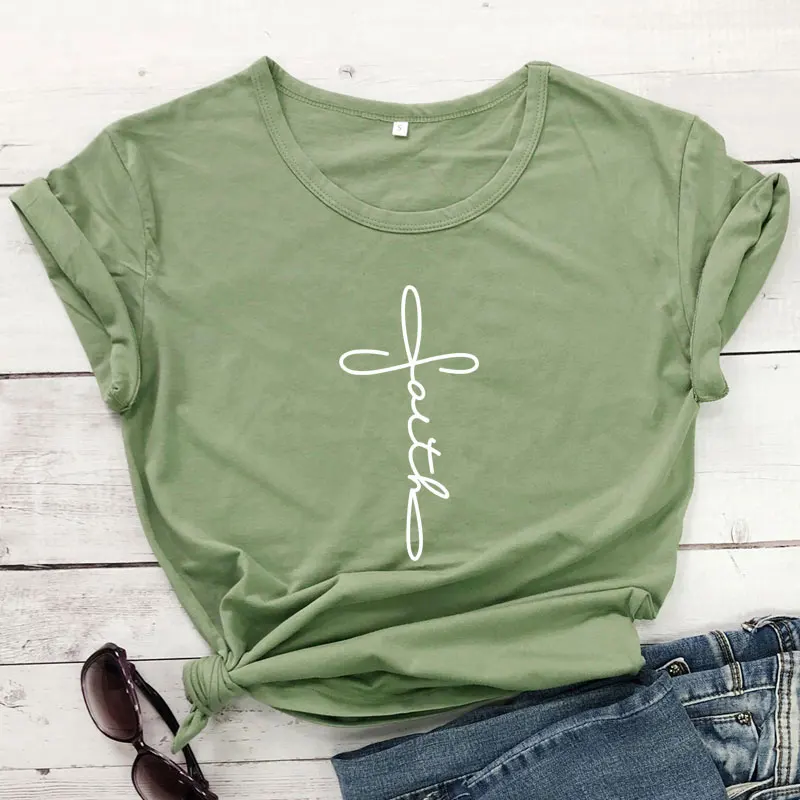 

Cross Faith Letter Print T-shirt Unisex Religious Christian Church Tshirt Summer Crew Neck Graphic Slogan Oversized Tee Top