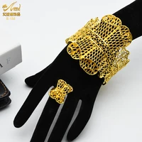 dubai wide bangle for women with ring 24k gold color luxury african india bracelet saudi arabia bridal wedding ethiopian gifts