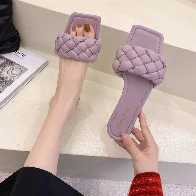

Women's shoes slippers 2021 summer new style flat woven fashion outer wear open-toed square toe comfortable sandals
