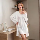 Розовый Свадебный костюм подружки невесты, женская одежда для сна с кружевной отделкой, комплект из 2 предметов для сна и халата, атласная ночная рубашка, интимное белье