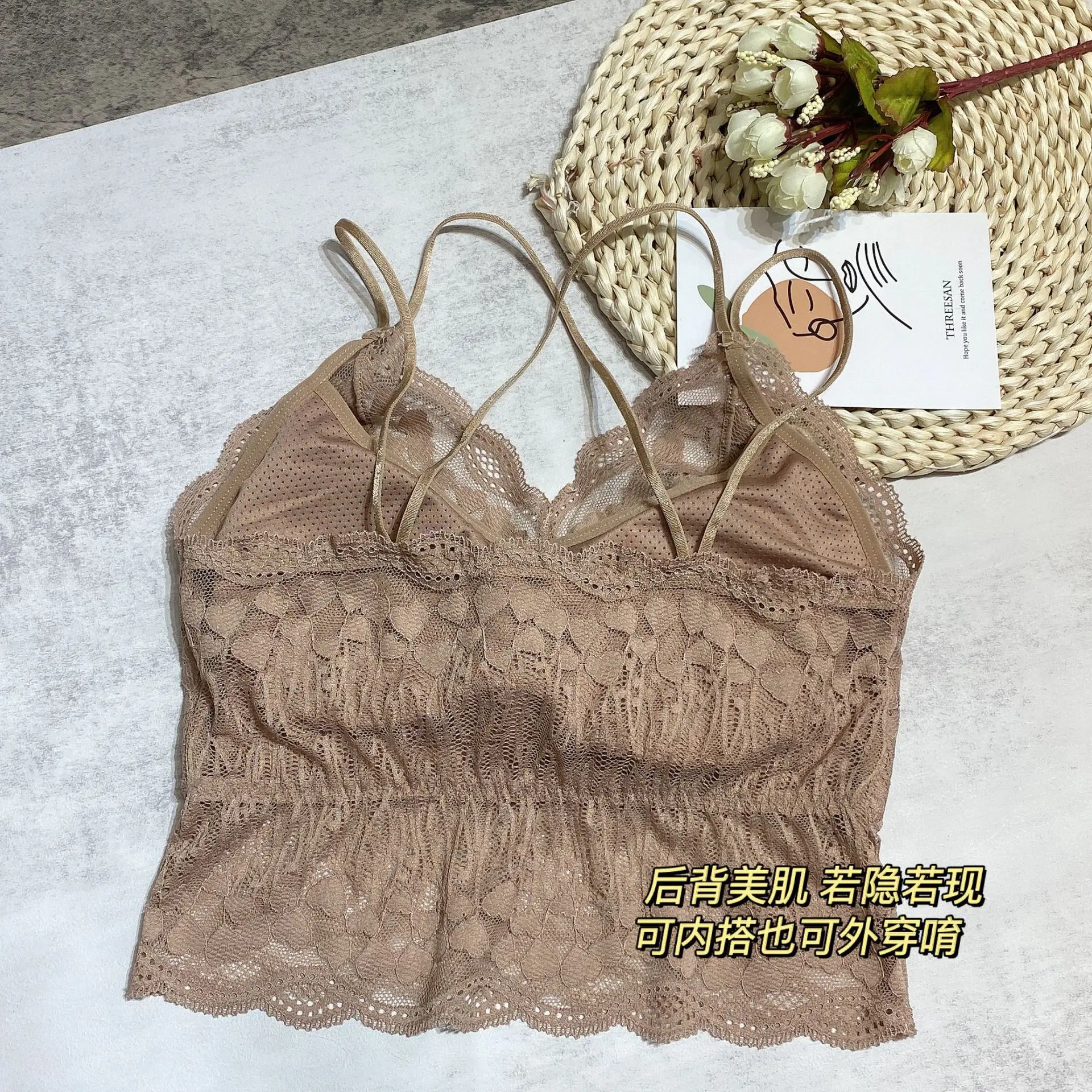 

Ladies Tops Lace Backless Young Bandeau Sexy Anti-Slip Bra Outer Wear Inner Wear Push up Cross Tube Top for Weight 40 to 70kg