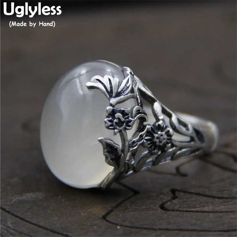 

Uglyless Real S990 Silver Women Statement Jewelry Nature White Chalcedony Luxury Dress Finger Ring Handmade Carved Flower Bijoux