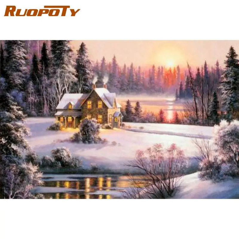 

RUOPOTY Frameless Painting By Number Snow House 40x50cm wall decor Wall Art Picture Acrylic Handpainted
