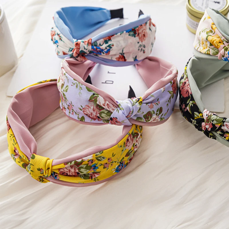 

Обруч для волос с цветочным принтом, двухслойный аксессуар для волос с перехлёстом, широкий ободок