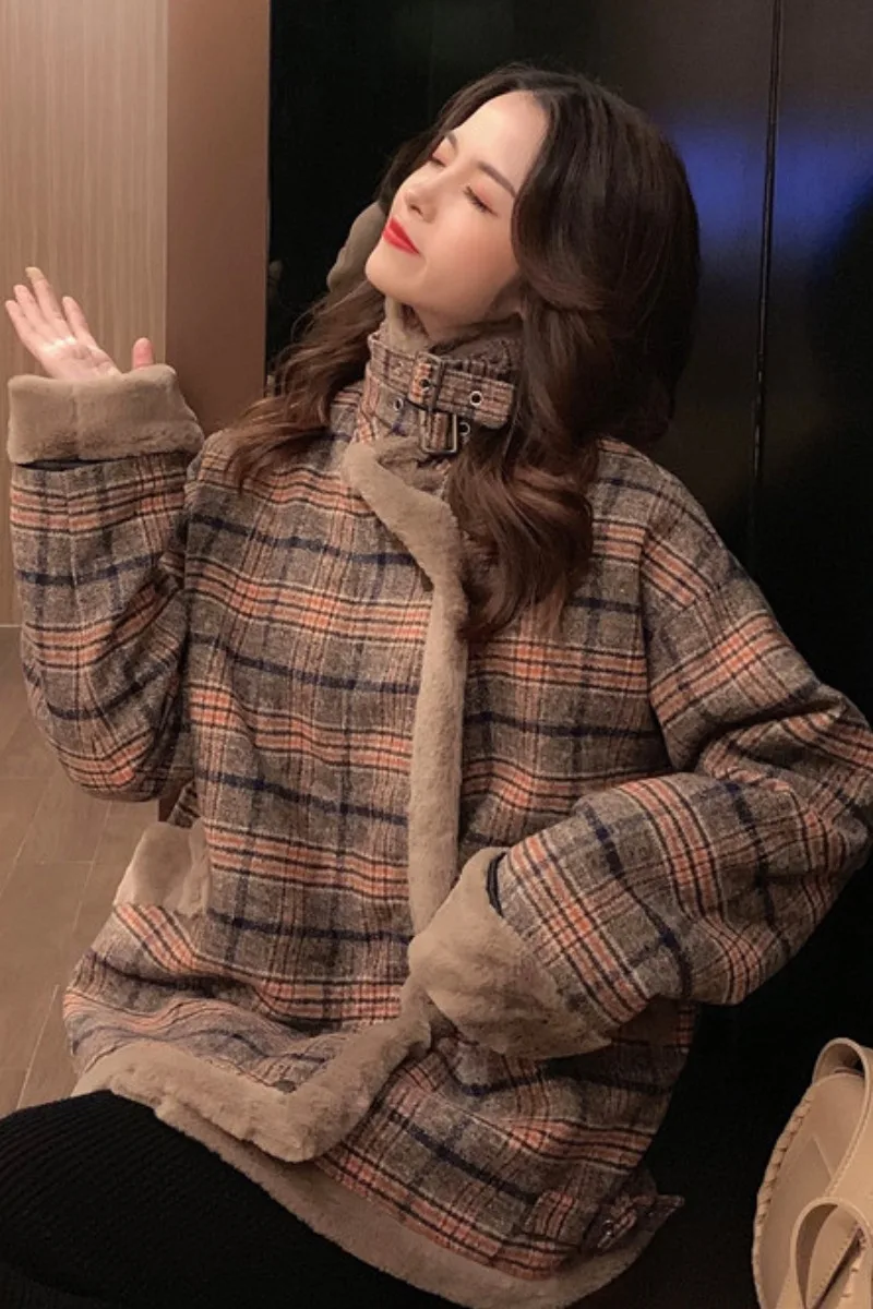 

Autumn Winter 2020 New Korean Retro Hong Kong Style Small Denim Coat For Women's Thick Plaid Long Sleeve Woolen Coat