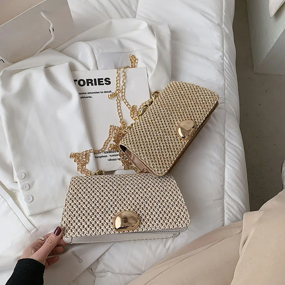 

Fashion Women Straw Woven Handbag Female PU Leather Shoulder Bag Small Thick Chain Ladies Handbag sac bandoulire femme