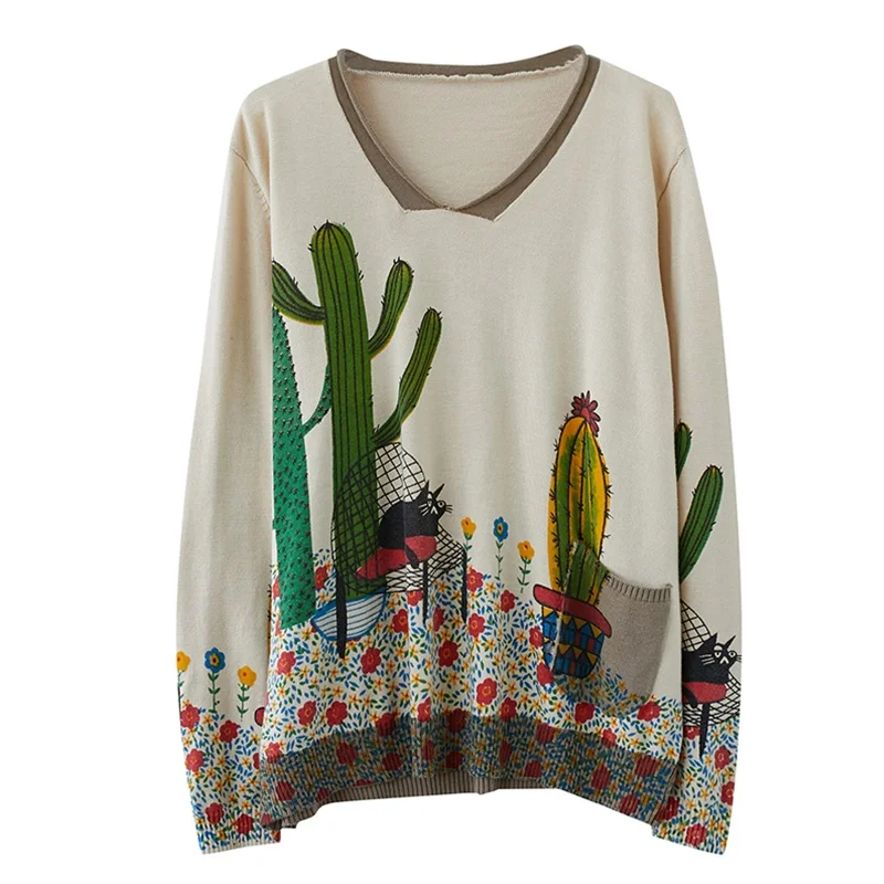 

Autumn Casual Women'S Sweater 2020 Vintage Style V-Neck Printed Female Loose Knitted Pull Oversize Aesthetic Sweater AA5596