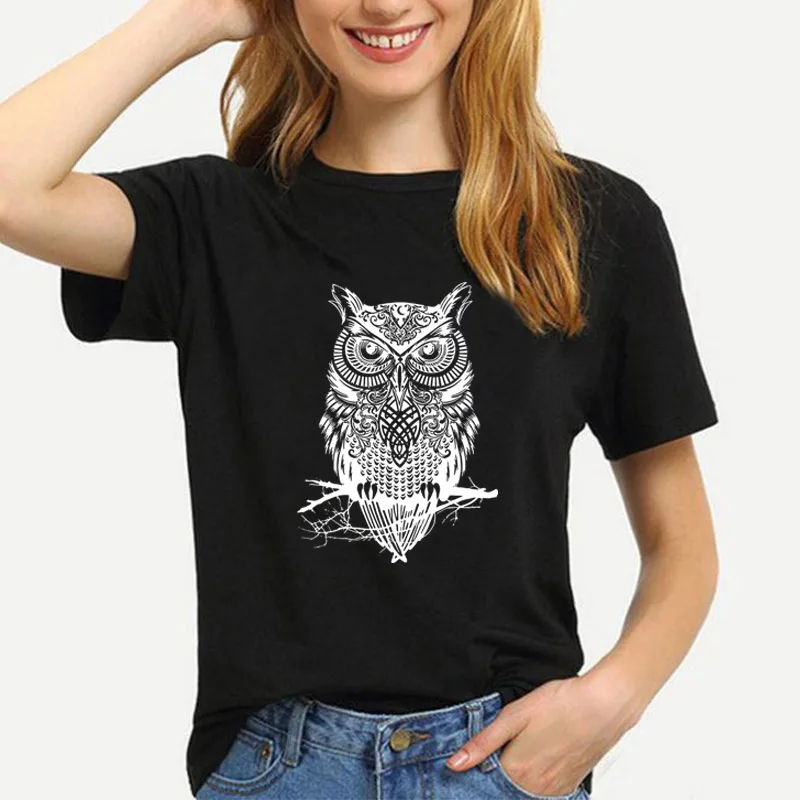 

Women Clothes Summer Casual t-shirts100% Cotton OWL printing O Neck Short Sleeve top quality cool loose Fashion Tops tee shirts