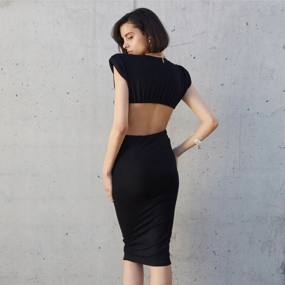 

High Quality Women's 2021 Summer Sexy Sleeveless O-Neck Waist Hollow Dress Black Bodycon Celebrity Party Club Dress Vestidos