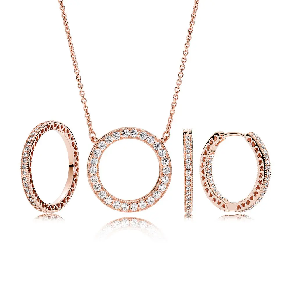 100% 925 Sterling Silver Rose Radiant Hearts Gift Set Necklace Charms rings Fit DIY | Jewelry Sets