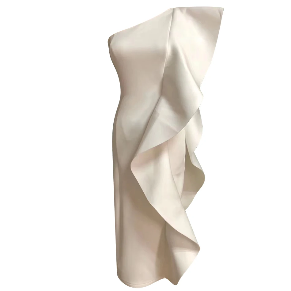 

2020 New Summer Blue Women Celebrity Party Dress Sexy White Sleeveless One shoulder Patchwork Ruffles Bodycon Club Dresses