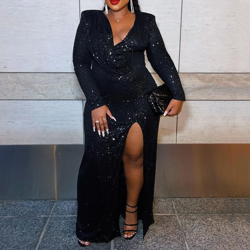 

Plus Size 5xl Long Sleeve Floor-Length V-Neck Ladylike Bodycon Dress For New Year 2022 Luxury Black Club Fall Woman Party Dress