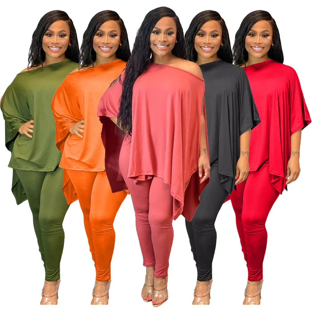 

Two Piece Set Women Tracksuit Fall Clothes Solid Oblique Shoulder Irregular Hem Crop Top and Pants Sets Wholesale Dropshipping