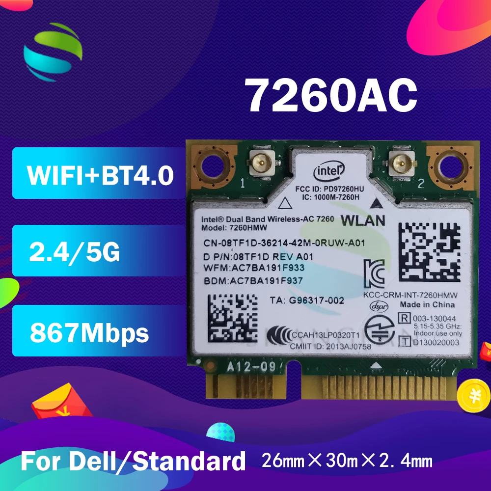 AC карта для intel Dual Band Wireless AC7260 7260HMW 7260AC 7260HMWAC 7260.NGWG.867Mbps + BT4.0 half Mini PCI e беспроводная Wi