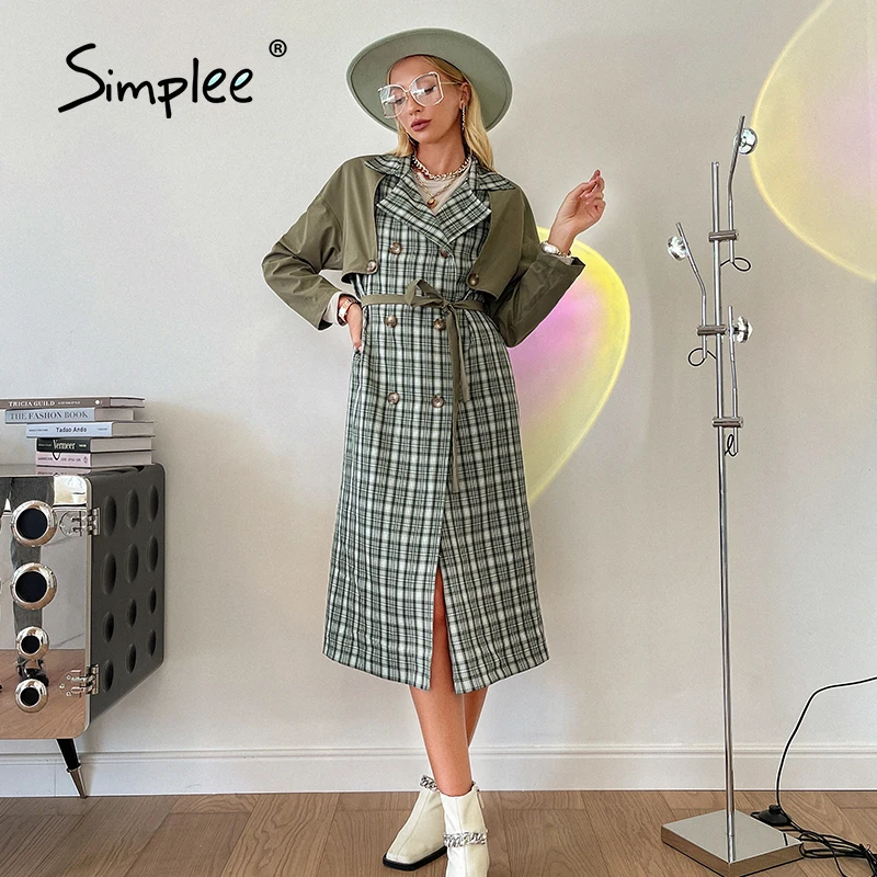 

Simplee High street plaid patchwork belt buttons women trench green Loose lapel long coat female Casual pocket notched overcoats