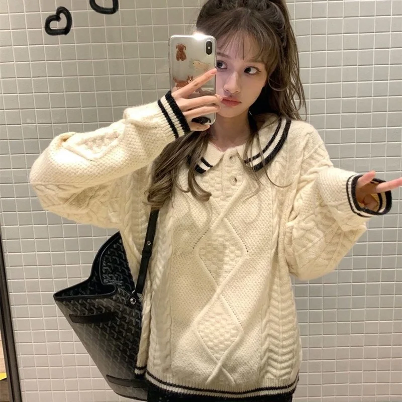 

Polo collar two-color sweater women's pullover autumn and winter college style loose design sense