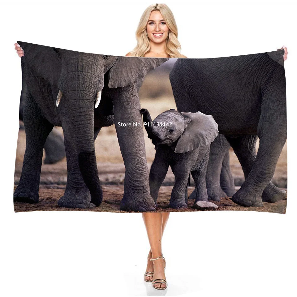 3D Wildlife Elephant Pattern Travel Beach Towel Adult Children Quick Drying Absorbent Portable Bath Towel