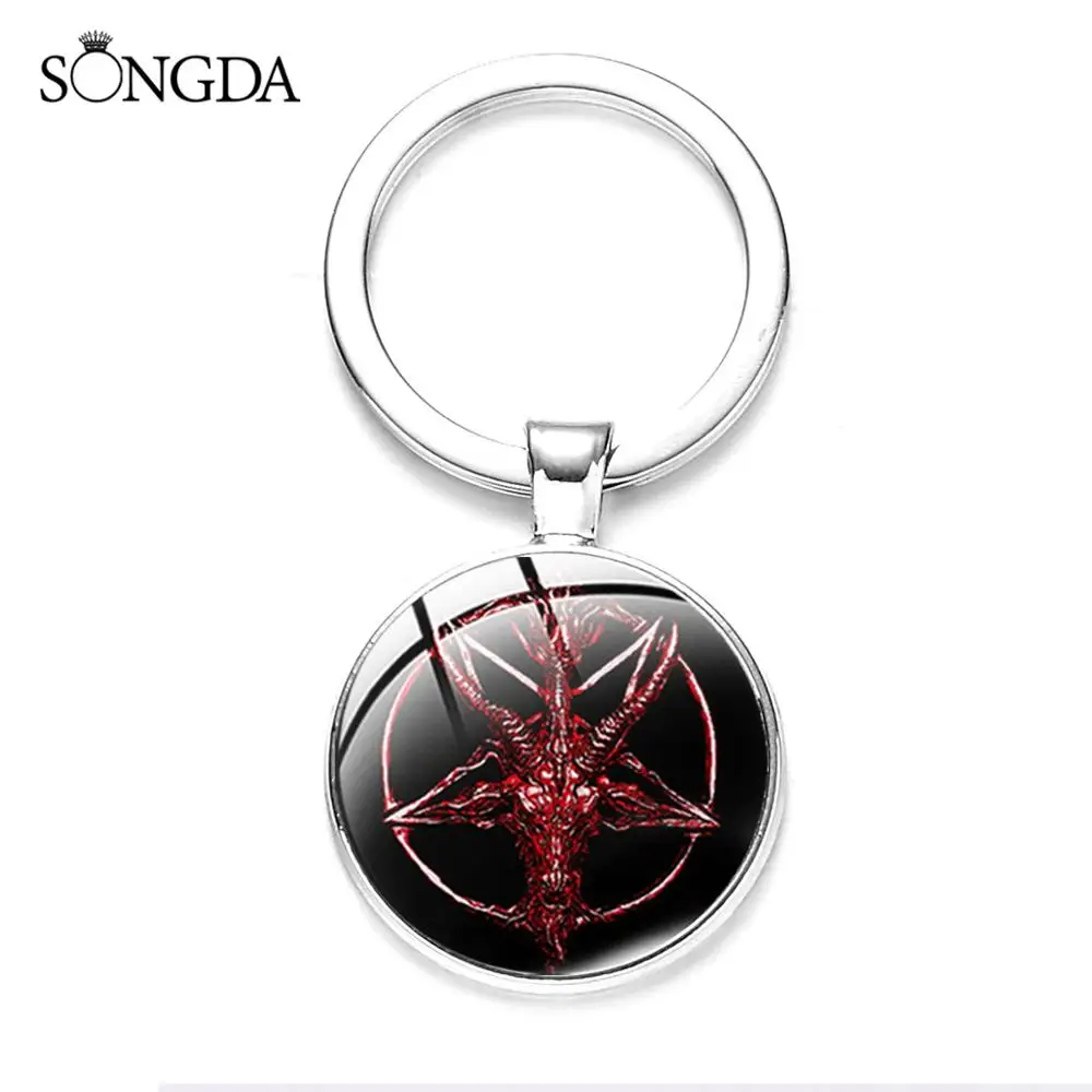 Сатанизма красный рогатый Стекло Искусство Круглый Брелок перевернутая