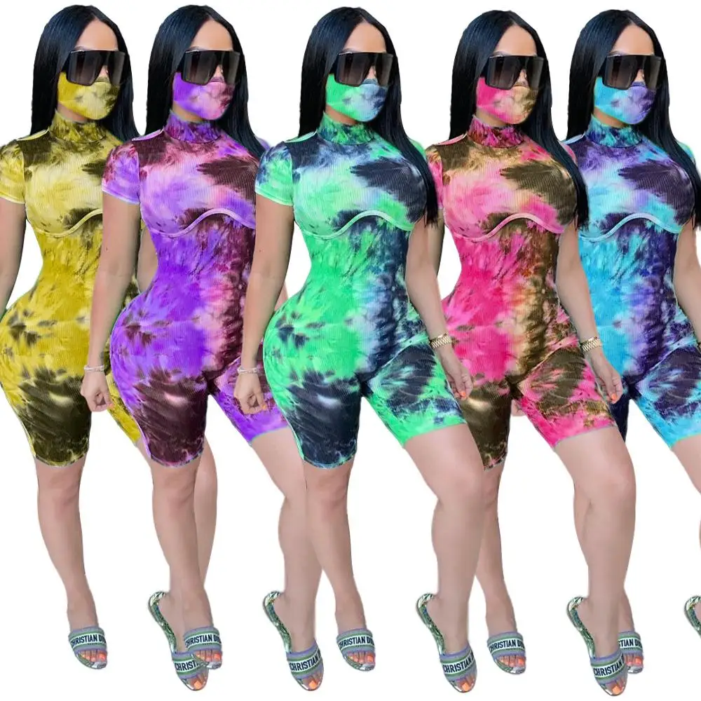 

New women's tie-dye printed strip sexy slim jumpsuit tight bag hip fashion jumpsuit (including mask)